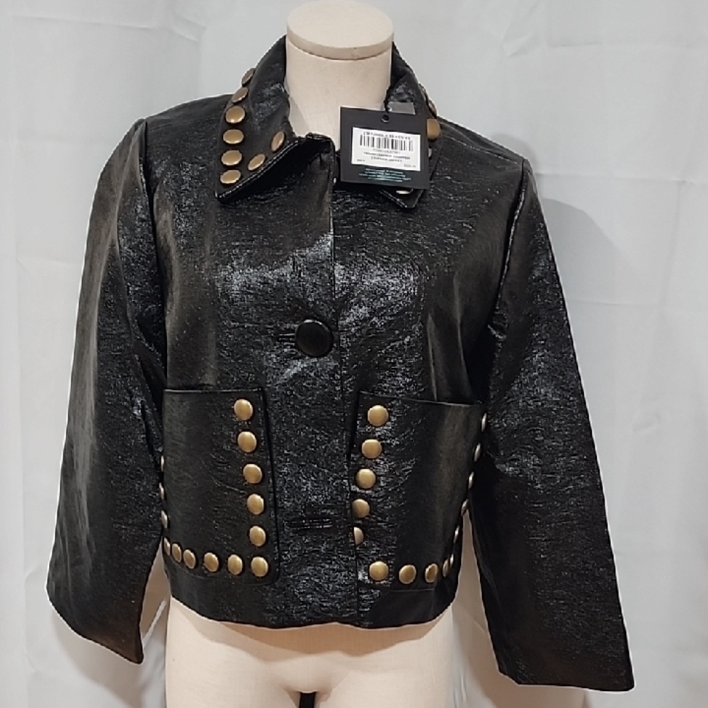Cynthia Rowley Black  Vegan Leather Cropped Studded Jacket